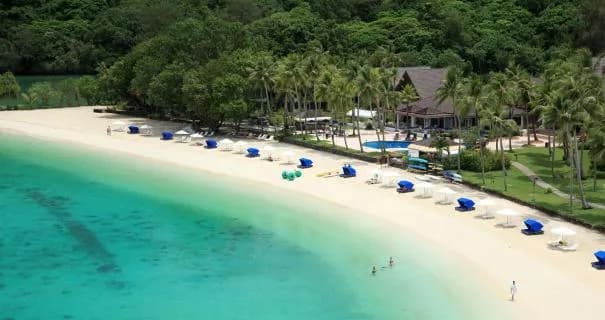 A stretch of white beach at Palau Pacific Resort in Micronesia.